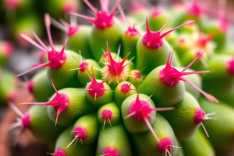 close-up of a vibrant cactus with pink-edged spines and green body, shallow depth of field, f-stop 2.8, 50mm lens, natural light, DSLR camera, macro photography, high resolution