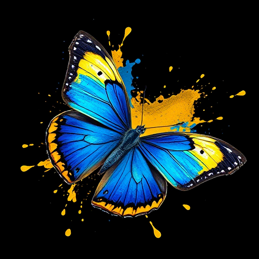 Create a high-resolution image of a vibrant blue and yellow butterfly with a dynamic splash of paint effect, captured with a Canon EOS R5 at f/2.8, ISO 100, 1/250s in a studio setting with soft diffused lighting for enhanced detail and clarity.