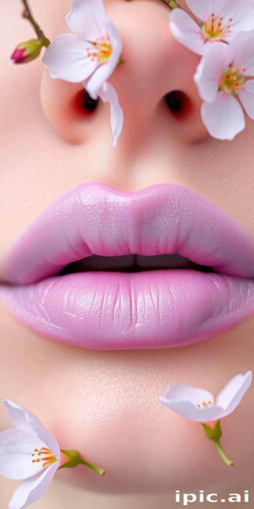 Delicate pastel lilac lips with a frosted finish, ethereal and dreamy, evoking the softness of spring blossoms in full bloom