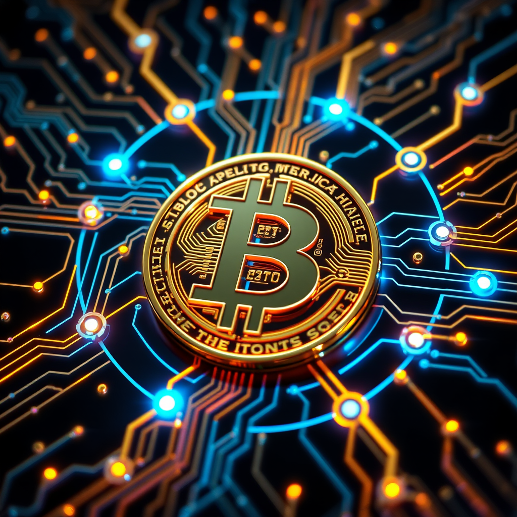 Imagine a Bitcoin symbol (₿) intricately designed as part of a futuristic, glowing circuit board. The ₿ is central, composed of metallic gold and silver lines, seamlessly blending into the web of circuits surrounding it. Blue and green LED-style lights trace through the circuits, making it look like Bitcoin is powering a digital network. The background is dark, with neon accents highlighting the tech vibe, symbolizing the digital and decentralized nature of Bitcoin