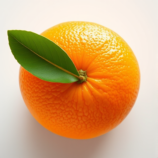 Create a high-resolution illustration of a fresh, round orange with a green leaf, focusing on vibrant colors and smooth texture, using a Canon EOS R5 camera, f/2.8 aperture, 50mm lens, top-down view, soft lighting for enhanced detail and depth.