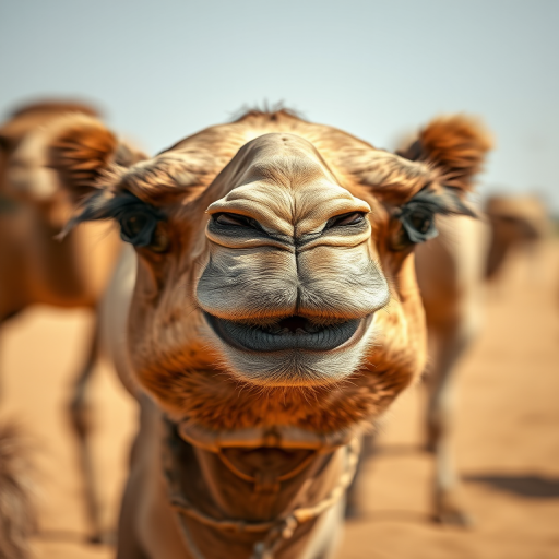 Close-up of a smiling camel in a desert setting, with a blurred background of other camels, captured using a Canon EOS R5, 50mm lens, f/1.8 aperture, ISO 100, 1/250 sec, natural lighting.