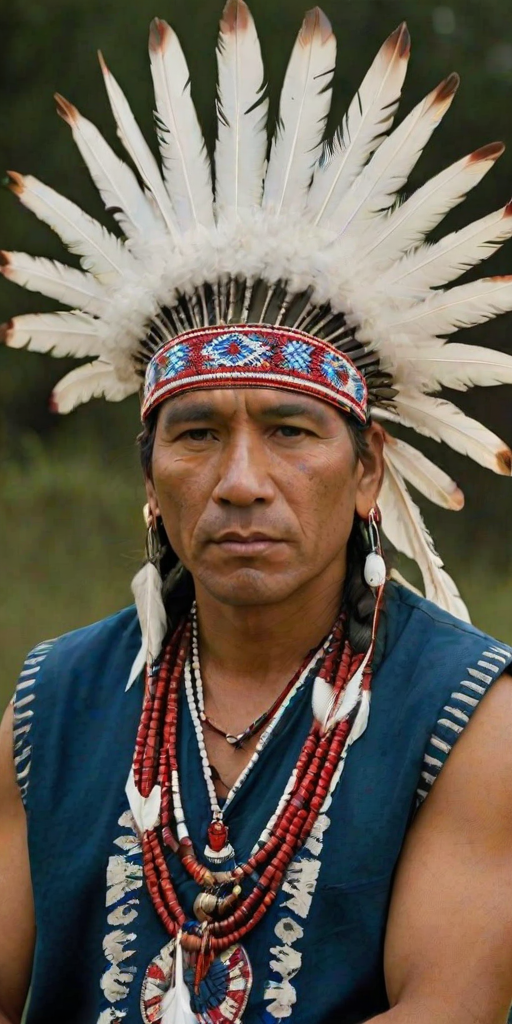 Create a dignified portrait of a Native American man dressed in traditional attire. He wears a beautifully crafted headdress adorned with white feathers and red beads, along with a beaded headband featuring intricate patterns. His clothing includes a deep blue, patterned shirt and a traditional chest piece with detailed beadwork. His arms are crossed, displaying leather armbands decorated with feathers. The background is simple and neutral, emphasizing his proud and stoic expression. The overall image captures the rich cultural heritage and strength of his persona.