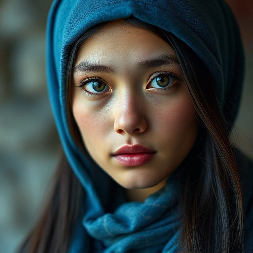 Create a portrait of a young Mongolian woman with long, dark hair and captivating hazel eyes. She is wearing a blue headscarf and a matching scarf draped gracefully around her neck. The background is softly blurred, focusing attention on her serene and natural expression. The overall color palette is muted and warm, enhancing the intimate and authentic feel of the portrait.