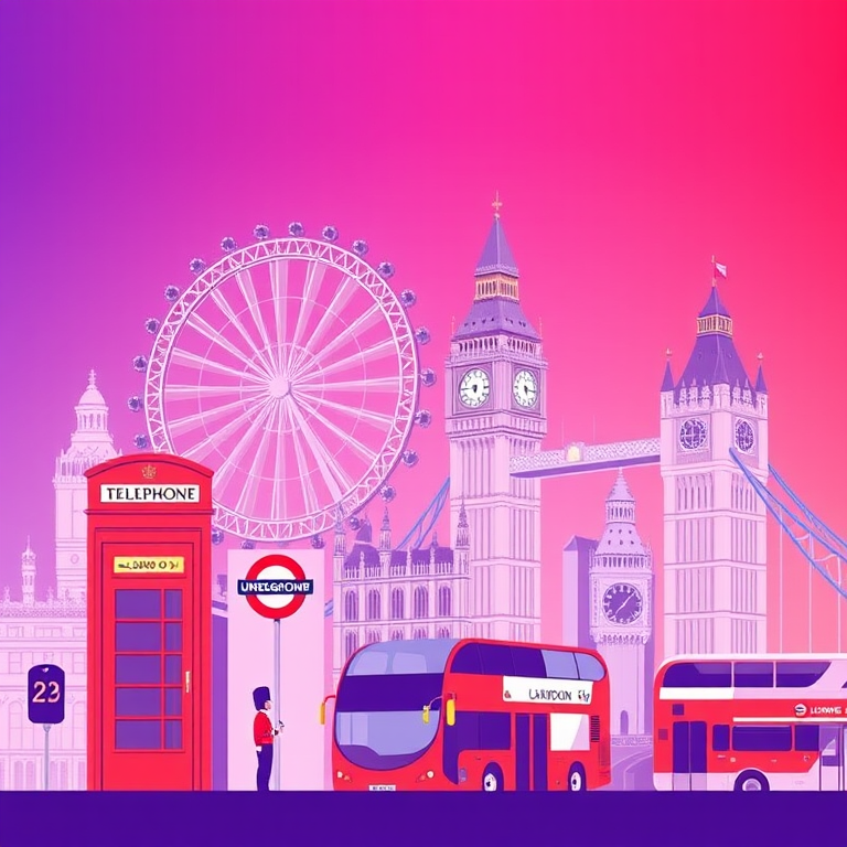 Create a vector illustration of iconic London landmarks including a phone booth, Ferris wheel, Big Ben, London Underground sign, a guard, a double-decker bus, and Tower Bridge, with a gradient purple to pink background, using a Canon EOS R5 with a 50mm lens, f/1.8 aperture, ISO 100, 1/200 sec exposure, shot from a high angle for a modern artistic look.
