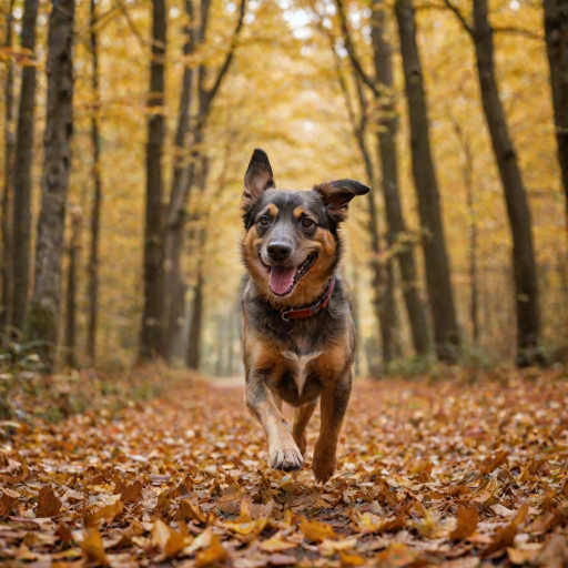A happy dog running through a forest path during autumn with vibrant leaves, captured with a DSLR camera, 50mm lens, f/2.8 aperture, ISO 200, shutter speed 1/500s, low angle view, soft focus background for dramatic effect.