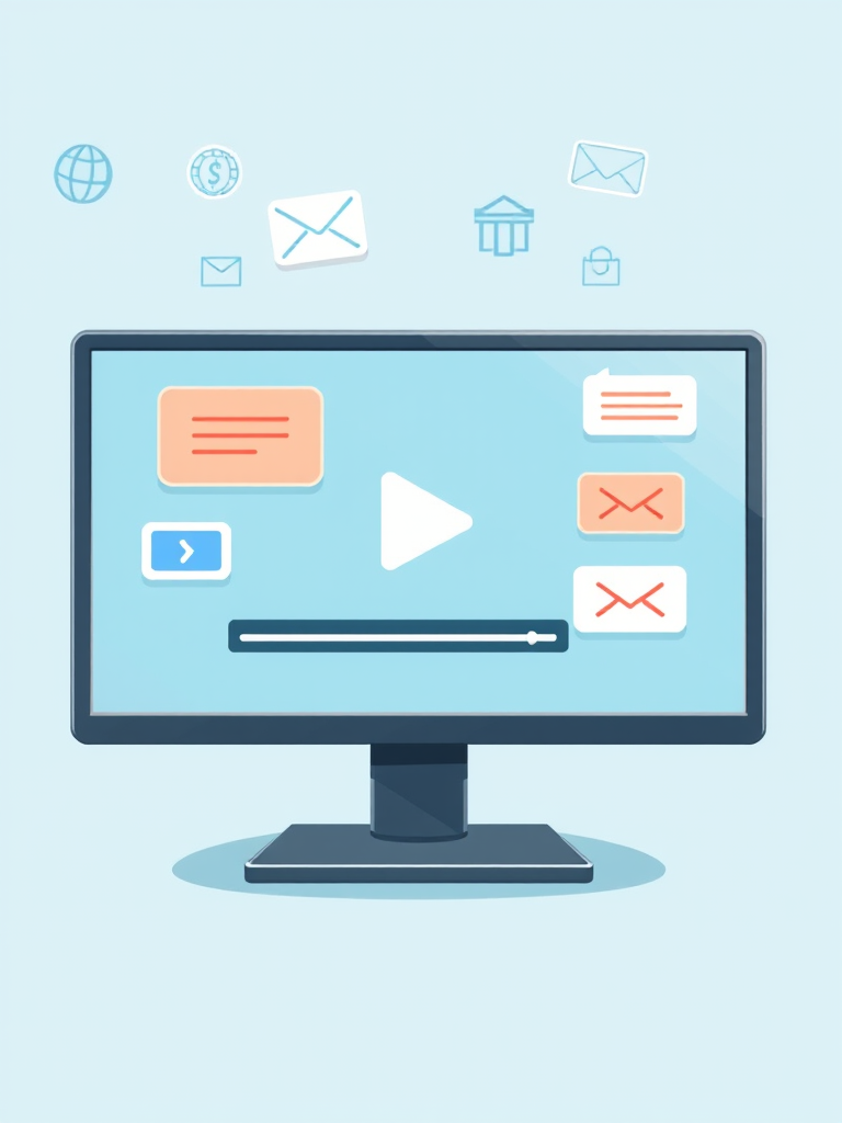 create a digital illustration of a computer screen displaying a video play button with chat bubbles, in a light blue background with icons like globe, dollar sign, and email, use a high-resolution setting, 50mm lens, f/8 aperture, and soft lighting for clarity and detail.