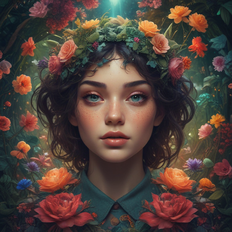 Enchanting Portrait of a Young Woman Surrounded by Vibrant Floral Beauty
