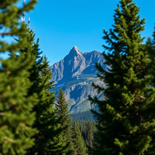 Mountain landscape framed by evergreen trees, bright blue sky, sharp focus, ISO 100, f/8, 1/250s, 24mm lens, DSLR camera, natural light, wide-angle view.