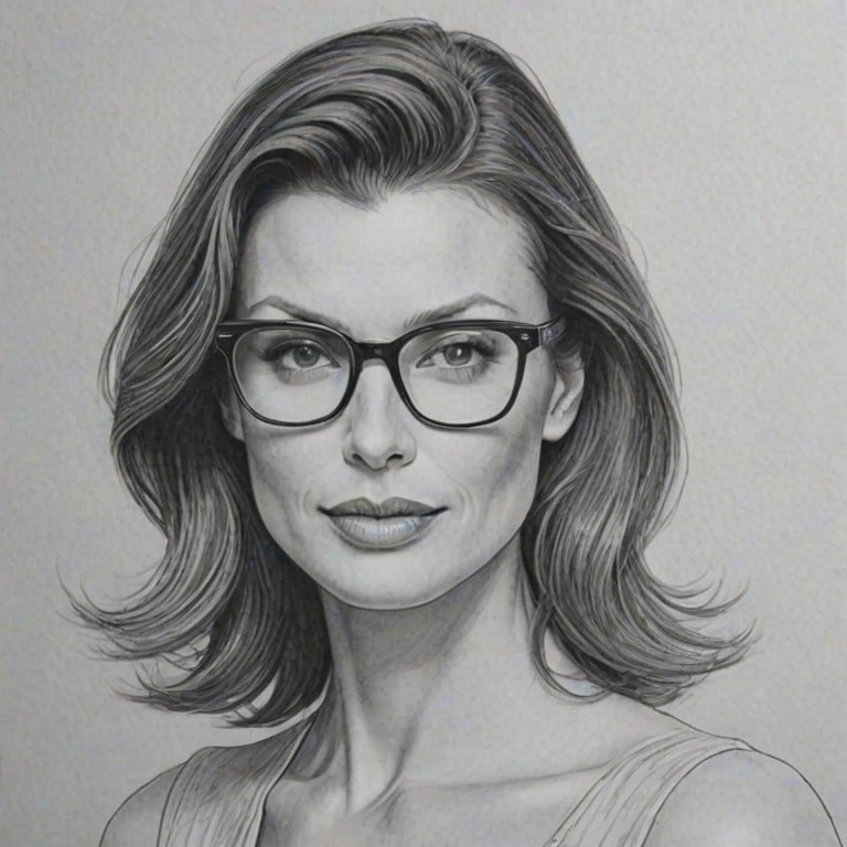 Magnificent Bridget Moynahan, pencil sketch, portrait of Dazzling woman 1969s in glasses, hair style beatnik, outline, clear lines, fine lines, 8k