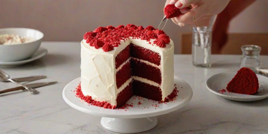 Create an image of a red velvet cake with cream cheese frosting. The cake should have a smooth white exterior decorated with small red heart shapes. Show a slice being removed to reveal the rich red interior, and include a simple cake stand in the background.
