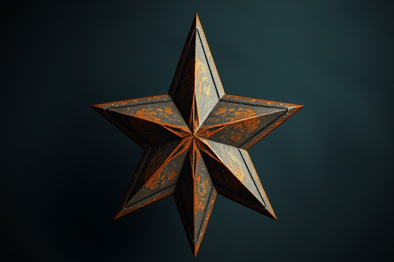 create a highly detailed 3D rendering of a vintage five-pointed star with a weathered patina finish, using a Canon EOS R5 with a 50mm lens, aperture set to f/1.8, ISO 100, with a soft-focus background and dramatic lighting to enhance textures and colors