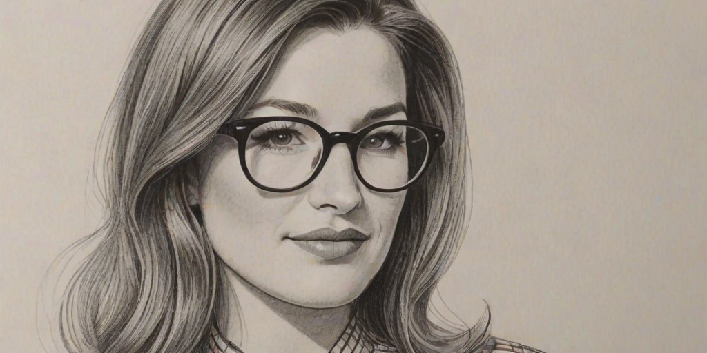Wonderful Kathryn Hahn, pencil sketch, portrait of Alluring woman 1960s in glasses, hair style beatnik, outline, clear lines, fine lines, 8k