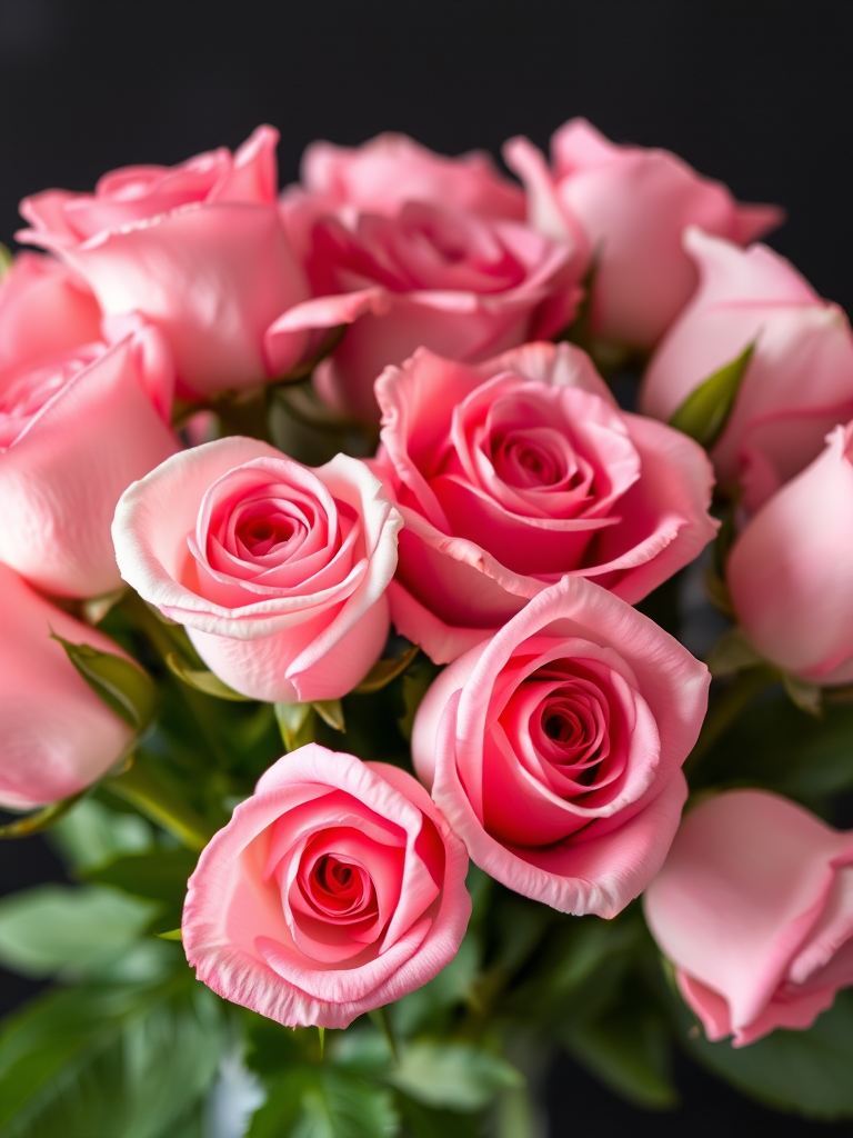 Capture a stunning bouquet of pink roses with soft focus, macro lens at f/2.8, ISO 100, 50mm lens, natural light, high-resolution photograph on a black background.
