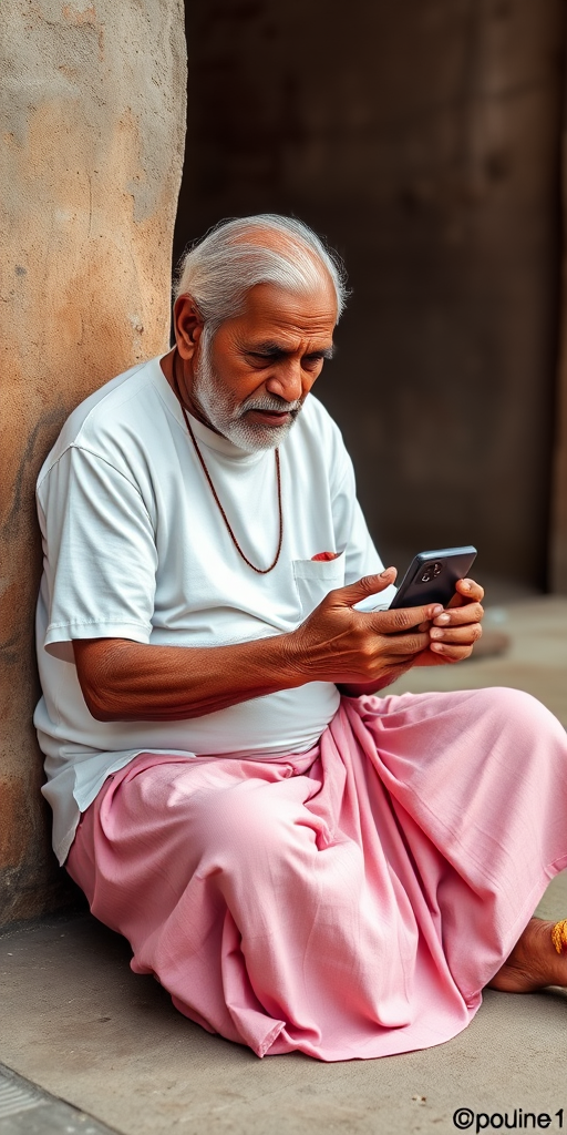 elderly man sitting on the ground using a smartphone while wearing a white t-shirt and pink lungi, natural lighting, captured with a Canon EOS R5, 50mm lens, f/1.8, ISO 100, shutter speed 1/200s, shallow depth of field, candid style