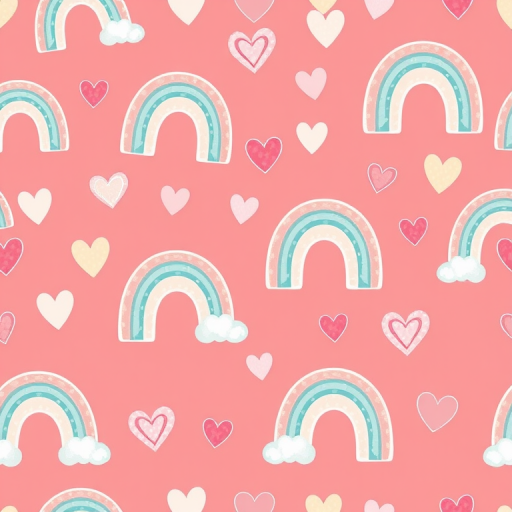 create a seamless pattern design featuring whimsical rainbows and hearts in pastel colors on a coral background, with soft lighting, 50mm lens, f/2.8 aperture, overhead view, digital illustration style, high resolution