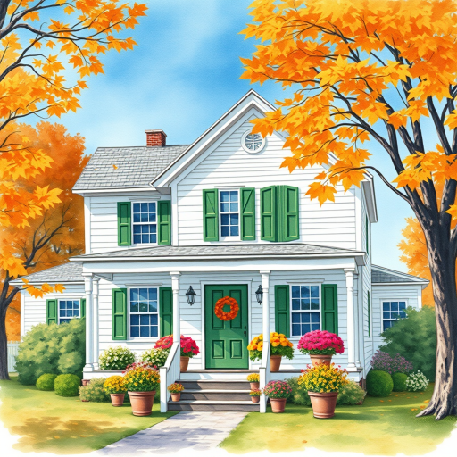 a white farmhouse with green shutters, vintage feel, blue sky, trees in autumn color, leaves slightly blowing in the breeze, colorful autumn flowers in pots on the front porch of the farmhouse, watercolor