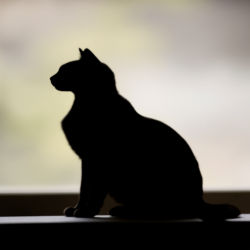 Generate an image of a black silhouette of a cat sitting gracefully with a slightly curved tail, using a Canon EOS 5D Mark IV with a 50mm f/1.8 lens, aperture f/2.8, ISO 100, natural soft light, and a shallow depth of field for enhanced clarity.