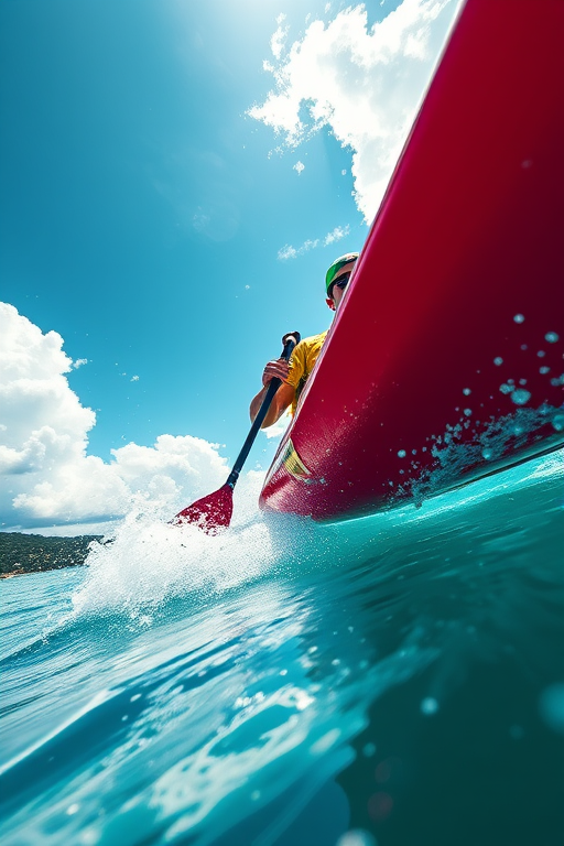 Create a vibrant and dynamic illustration of a kayak paddler in action, captured from a low-angle perspective with a DSLR camera, using a 24mm lens at f/2.8, ISO 200, and a shutter speed of 1/500s to enhance the clarity and motion.