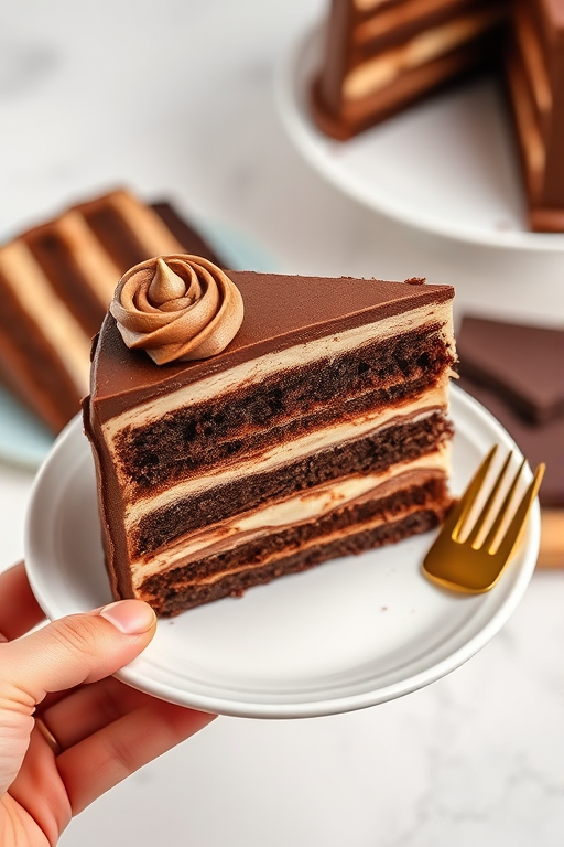Delicious slice of layered chocolate cake on a white plate held by a hand with a gold fork nearby the cake with multiple layers including chocolate frosting and cream filling surrounded by additional cake slices in the background