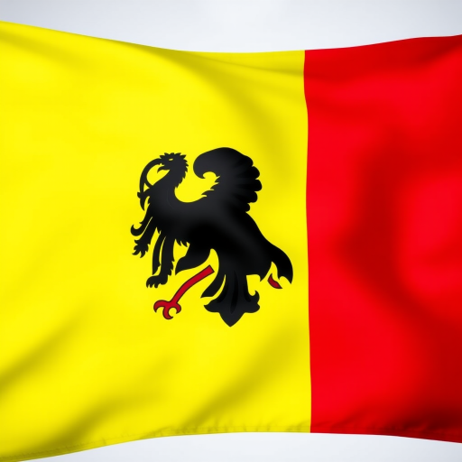 Generate an image of the Belgian flag with vivid colors, using a DSLR camera with a 50mm lens, aperture set to f/8, ISO 100, and a slight vignette effect for enhanced impact, captured from a frontal view.