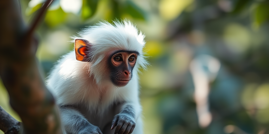 Regenerate the image of a white-haired monkey sitting on a tree branch, taken with a DSLR camera, 50mm lens, aperture f/2.8, ISO 200, shallow depth of field, soft natural lighting, and a close-up perspective.