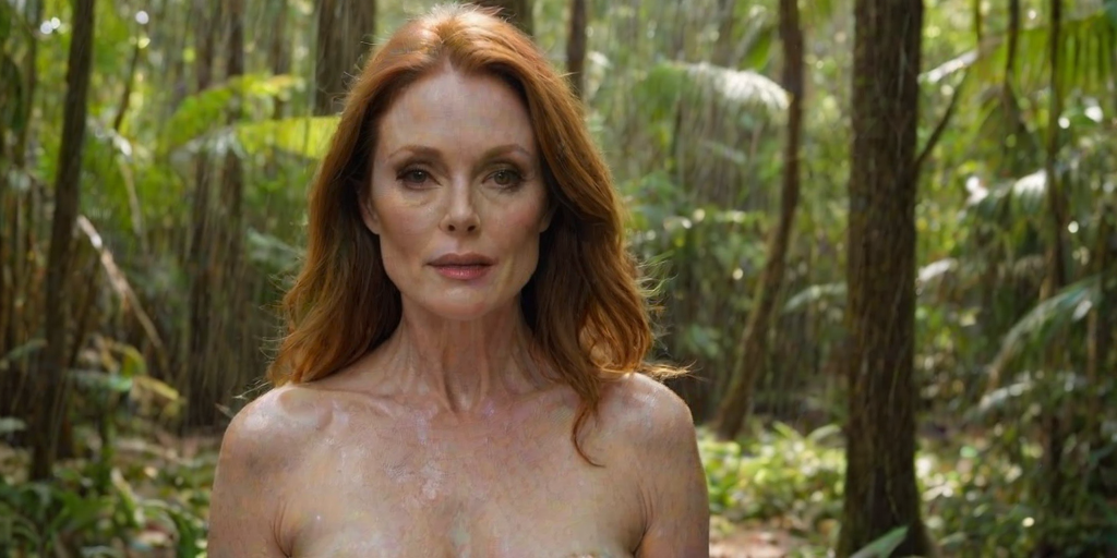 A photo of an old, beautiful Julianne Moore with light tanned skin, a small nose, and soft pink lips. She has perfect symmetric eyes and wears a strapless transparent bikini. She has a big female bosom with push-up. The model is standing under the warm sunlight, showcasing her toned figure and delicate curves. The background is a rain forest with sparkling water and trees. The overall ambiance is a perfect blend of luxury, glamour, and beachside leisure.