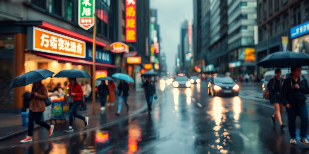 Blurry, rain-soaked photo of a city street, puddles reflecting neon signs, pedestrians with umbrellas rushing by, a street vendor huddled under an awning, distant headlights cutting through the rain, the smell of wet pavement and the soft patter of raindrops on windows.