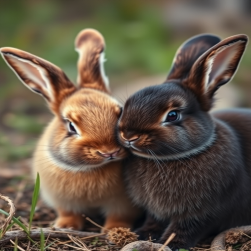 A close-up photograph of two rabbits cuddling in a natural outdoor setting, using a DSLR camera with a 50mm lens, aperture f/2.8, ISO 100, and shutter speed 1/500s to capture vibrant colors and soft focus on the background.