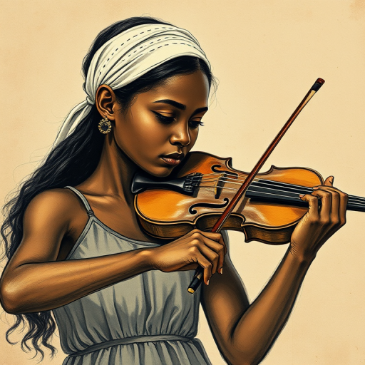 a young African American woman with a white headband playing a violin, in the style of a charcoal drawing, sepia grunge background