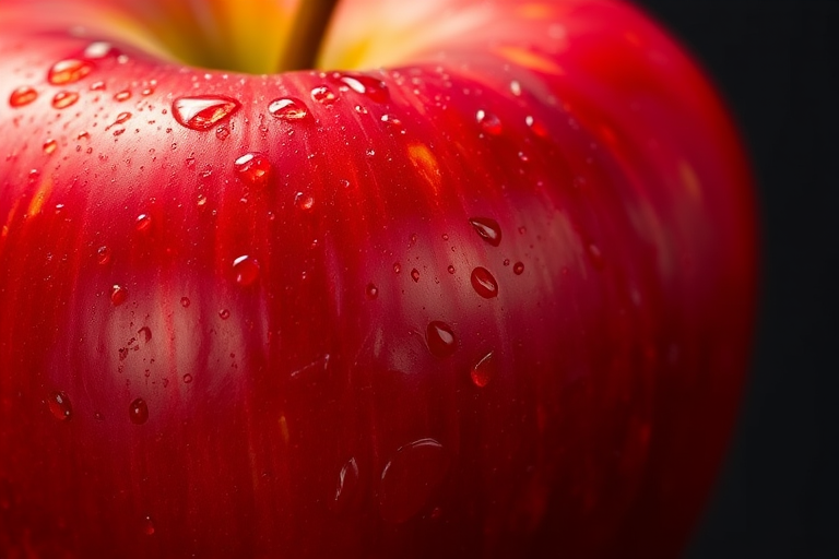Close-up of a fresh red apple with water droplets on a dark background, taken with a DSLR camera, 50mm lens, aperture f/2.8, ISO 100, 1/200 sec shutter speed, shallow depth of field, natural light.