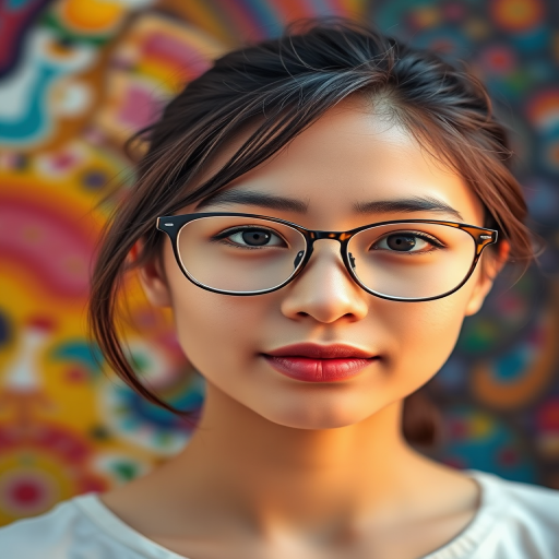 Portrait of a young woman with glasses, vibrant abstract background, soft focus, 50mm lens, f/1.8 aperture, ISO 100, natural lighting to enhance colors and details.