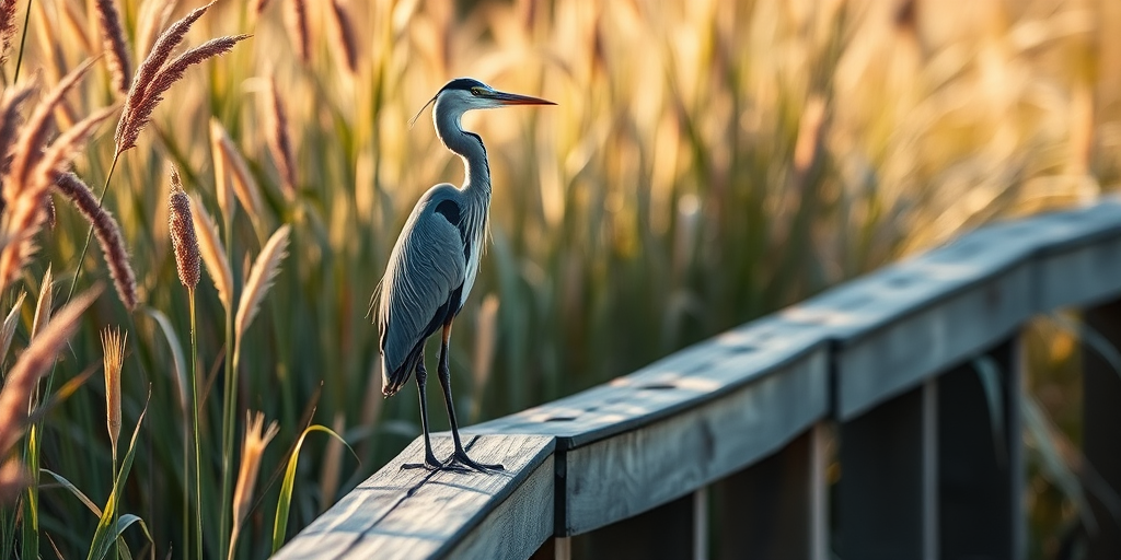 A heron standing on a wooden railing surrounded by tall grasses, soft natural lighting, DSLR camera, 50mm lens, f/4 aperture, ISO 200, shot at eye level for depth and clarity.