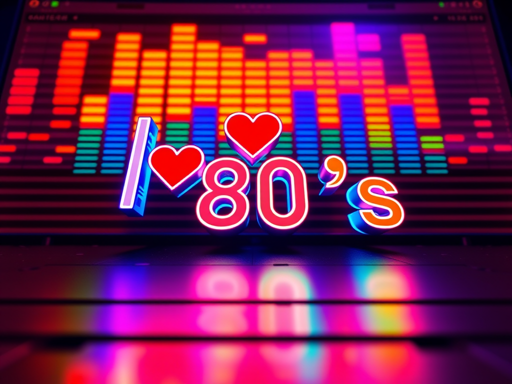 Create a vibrant 80's themed graphic with neon colors featuring the text I love 80's, incorporate a colorful audio equalizer in the background, use a digital art style, shot from a low angle to enhance perspective, and set the virtual camera to a high dynamic range with deep saturation to make the colors pop.