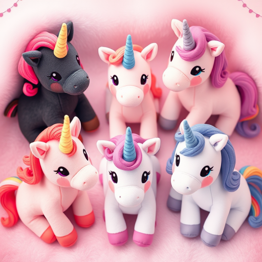 Create an illustration of six cute plush unicorns in a whimsical setting, featuring colors such as pink, black, purple, and rainbow, with bright, playful expressions; use a DSLR camera settings of f/2.8, ISO 100, and 1/200 shutter speed, in a top-down view, with a soft focus background to enhance the image quality.