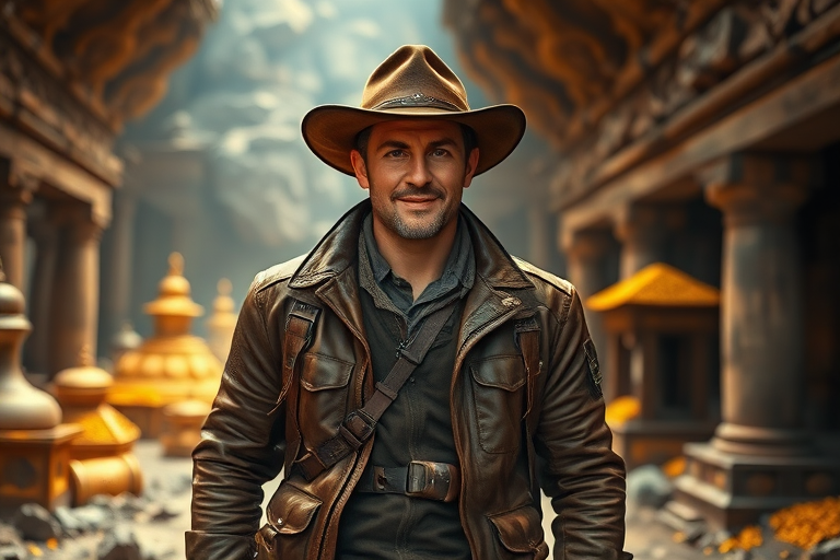 Explore a vivid scene of a confident adventurer in a treasure-laden ancient temple, dressed in a rugged leather jacket and hat, using a full-frame DSLR camera with a 50mm f/1.8 lens, ISO 400, aperture f/2.8, 1/125s exposure, natural warm lighting, shallow depth of field for a cinematic effect.