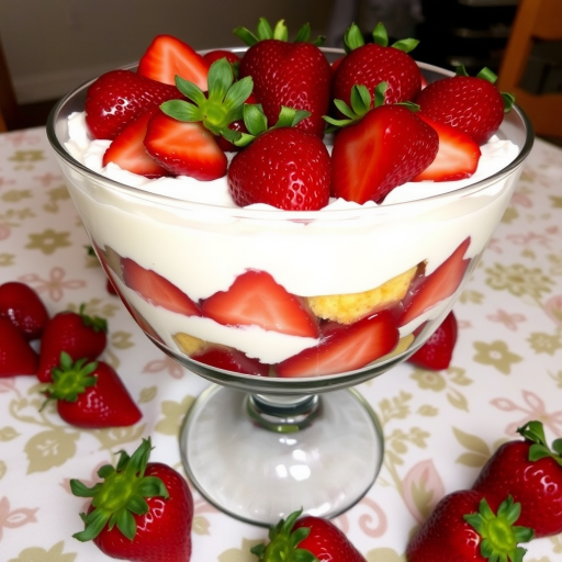 A glass dessert trifle with layers of strawberries, whipped cream, and cake pieces topped with fresh strawberries on a patterned tablecloth with additional strawberries around it.