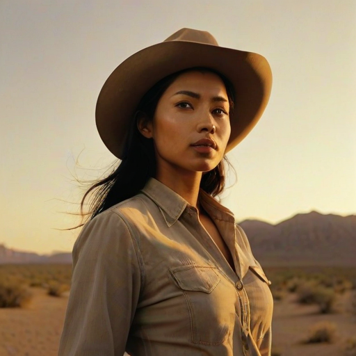 Dramatic photo of a beautiful Malay woman, classic cowboy attire, confident and free spirit expression, half-length portrait, centered, golden hour desert landscape, warm, diffused light, low angle, medium format film camera, in style of Annie Leibovitz.