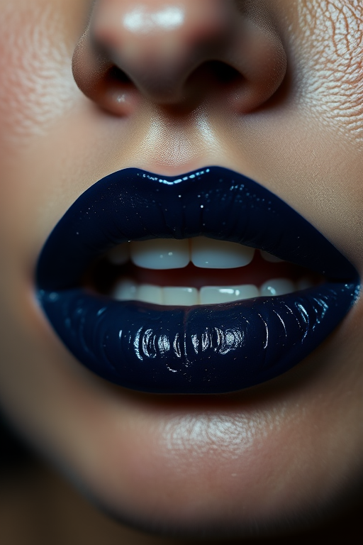Sensual woman lips featuring a deep navy blue lipstick with subtle silver shimmer, mysterious and captivating, sharply defined and bold