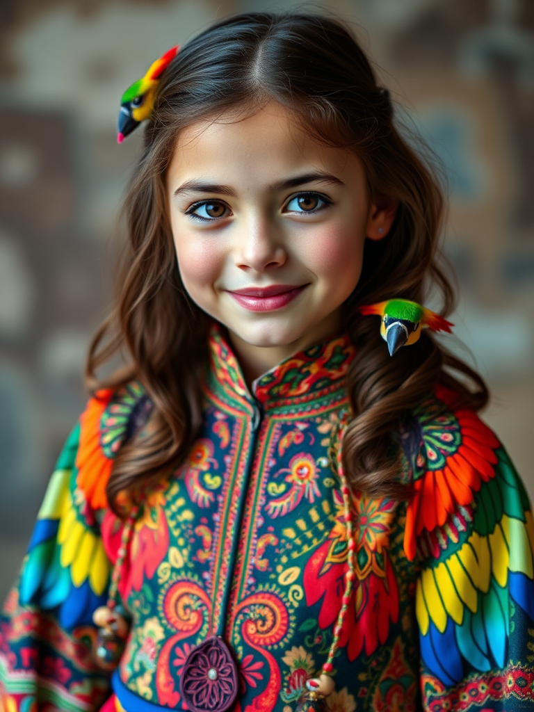 A beautiful Ashkenazi girl, wearing colorful bird clothing with vibrant colors
