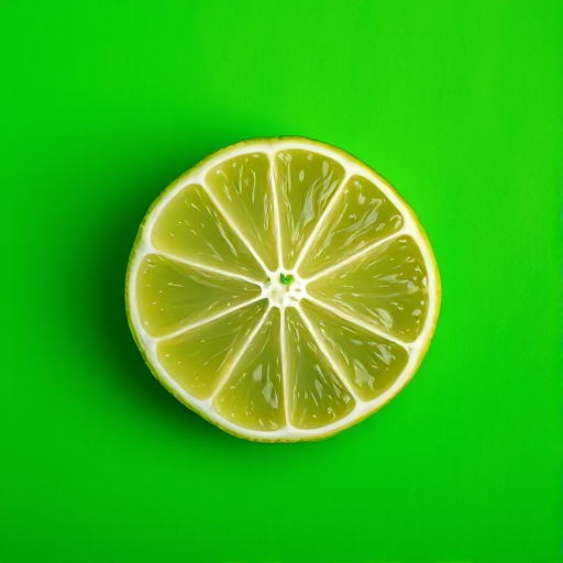 Create a high-resolution image of a fresh lime slice on a vibrant green background, using a DSLR camera with a 50mm lens at f/2.8, 1/250s shutter speed, ISO 100, top-down view, natural lighting, and vivid colors for enhanced detail and clarity.