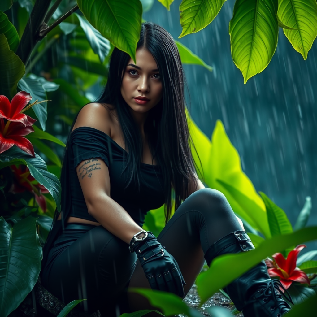 A highly detailed photograph of a woman with long black hair, sitting in the rain beneath lush green foliage. She wears a black off-the-shoulder top, fingerless gloves, and combat boots, giving her a rugged, militaristic look. Her left arm is bandaged, hinting at a recent struggle. The jungle background is vibrant, with large green leaves and red flowers contrasting against the rainy, dark sky. Fine rain droplets add realism and atmosphere to the scene.