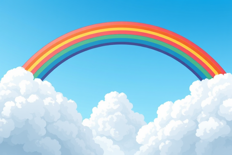 Create a vibrant, cartoon-style illustration of a rainbow arcing over fluffy clouds with a clear blue background using a DSLR camera at f/4 aperture, ISO 100, and a wide-angle lens for enhanced detail and color saturation.
