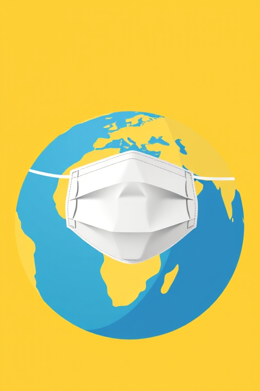 Create a vector illustration of a globe with a white face mask on it, flat design, bright yellow background, camera settings: ISO 100, aperture f/8, shutter speed 1/60s, camera view: front view, camera style: minimalist, camera type: digital art.