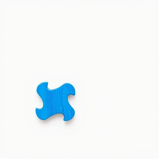 Create a high-resolution image of a blue puzzle piece isolated on a plain white background using a DSLR camera with a 50mm lens, aperture f/2.8, ISO 100, and a softbox lighting setup for enhanced detail and clarity.