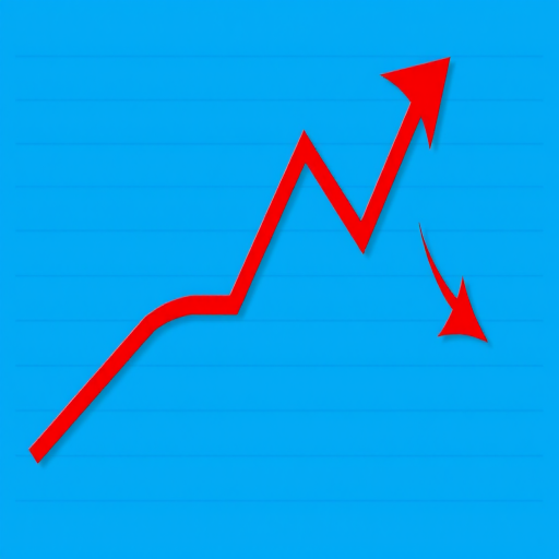 Create a high-resolution image of a downward trend graph with a bold red zigzag line against a cool blue background featuring subtle horizontal stripes, captured with a DSLR camera at f/5.6, ISO 100, 50mm lens, in a vibrant color style.