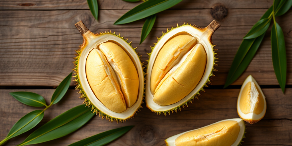Freshly cut durian on a rustic wooden table with green leaves, top-down perspective, natural lighting, aperture f/2.8, shutter speed 1/60s, ISO 100, macro lens, DSLR camera, high-resolution image.