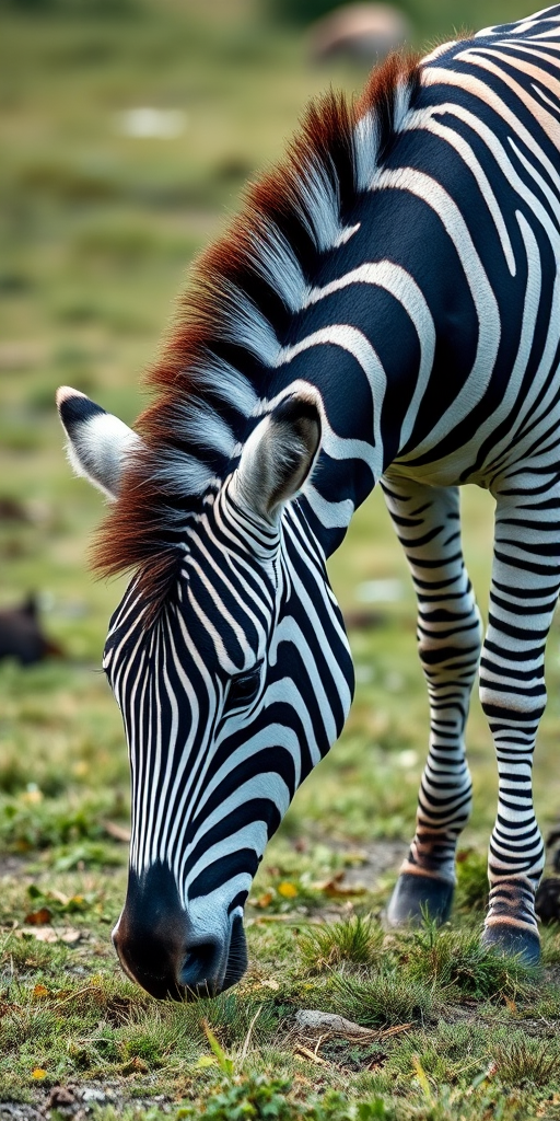 Create a realistic image of a grazing zebra on a grassy landscape, using a Canon EOS R5 camera, ISO 100, aperture f/5.6, shutter speed 1/250 sec, with a shallow depth of field for a blurred background effect, capturing the zebra in a three-quarter view to emphasize its stripes and natural habitat.
