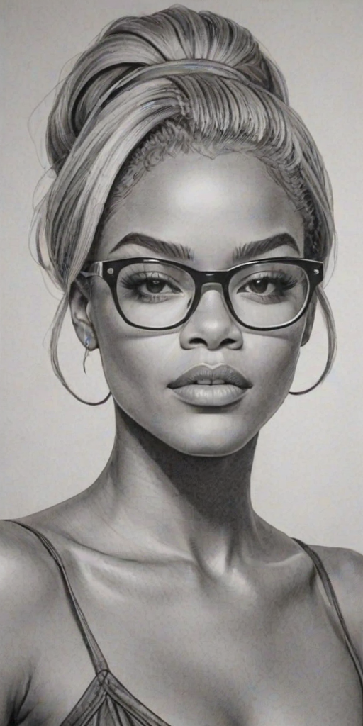 Exquisite Teyana Taylor, pencil sketch, portrait of Graceful woman 1967s in glasses, hair style beatnik, outline, clear lines, fine lines, 8k