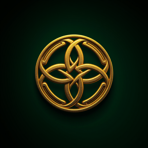 Create a high-resolution image of a gold Celtic knot symbol against a dark green background, using a DSLR camera at f/2.8 aperture, 50mm lens, with a shallow depth of field, and a soft studio lighting setup for enhanced clarity and detail.